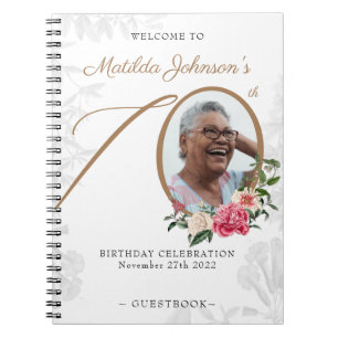 White Gold 70th Birthday Floral Photo Guestbook Notebook