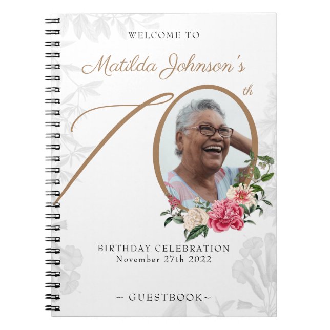 White Gold 70th Birthday Floral Photo Guestbook Notebook (Front)
