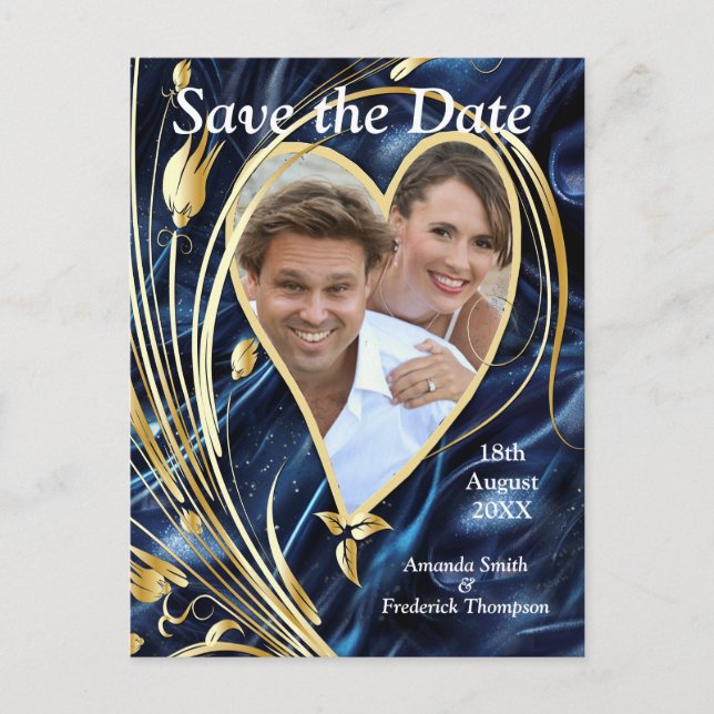 White & Gold abstract flowers on Simmery Blue Silk Announcement Postcard (Front)