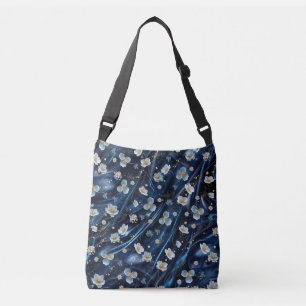 White & Gold abstract flowers on Simmery Blue Silk Crossbody Bag