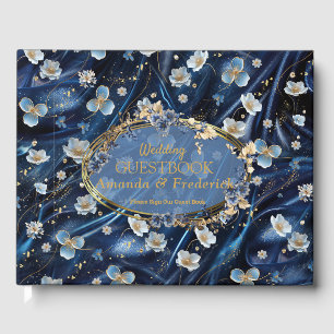 White & Gold abstract flowers on Simmery Blue Silk Guest Book