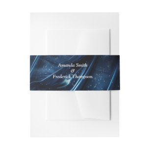 White & Gold abstract flowers on Simmery Blue Silk Invitation Belly Band