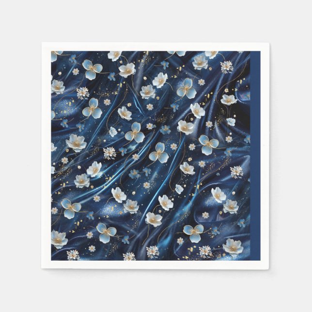 White & Gold abstract flowers on Simmery Blue Silk Napkin (Front)