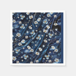 White & Gold abstract flowers on Simmery Blue Silk Napkin