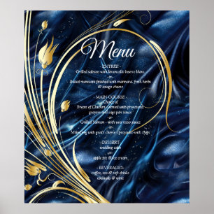 White & Gold abstract flowers on Simmery Blue Silk Poster
