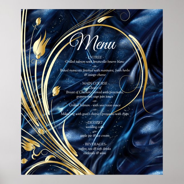White & Gold abstract flowers on Simmery Blue Silk Poster (Front)
