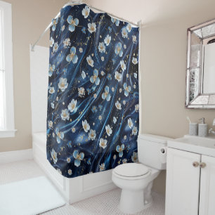 White & Gold abstract flowers on Simmery Blue Silk Shower Curtain