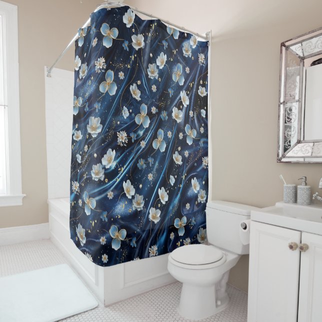 White & Gold abstract flowers on Simmery Blue Silk Shower Curtain (In Situ)