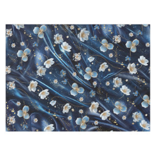 White & Gold abstract flowers on Simmery Blue Silk Tablecloth