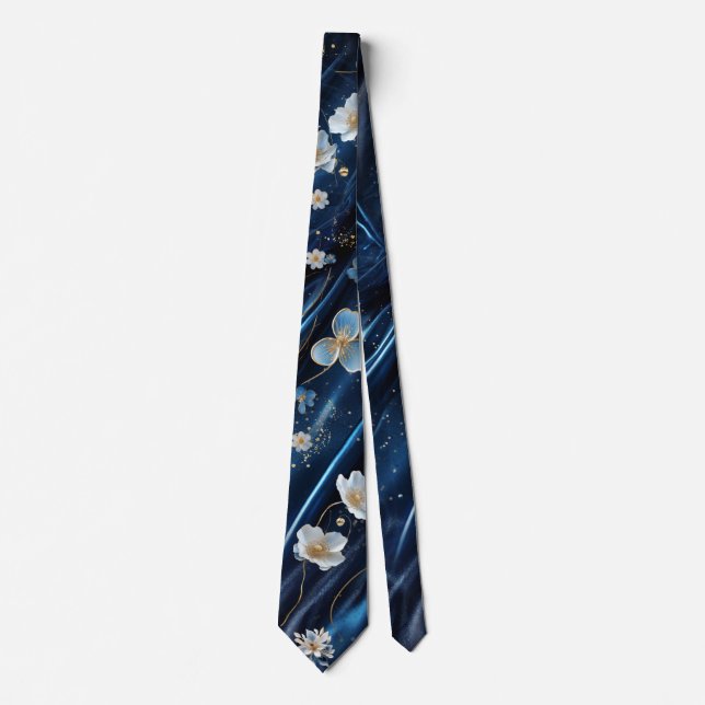 White & Gold abstract flowers on Simmery Blue Silk Tie (Front)
