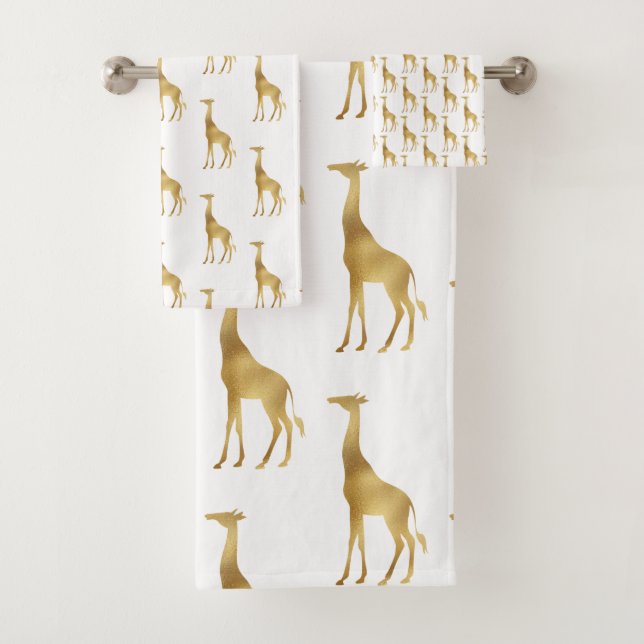 WHITE GOLD AFRICAN GIRAFFE WHITE BATHROOM BATH TOWEL SET (Insitu)