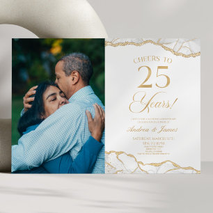 White Gold Agate 25th Wedding Anniversary Party Invitation