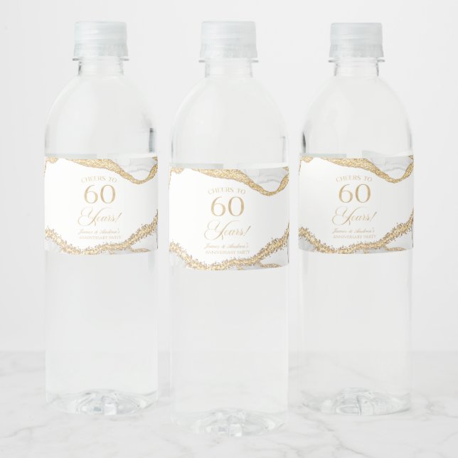 White Gold Agate 60th Wedding Anniversary Party Water Bottle Label (Bottles)