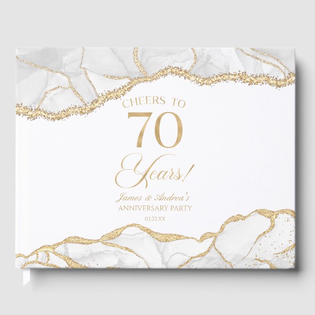 White Gold Agate 70th Wedding Anniversary Party Guest Book (Front)