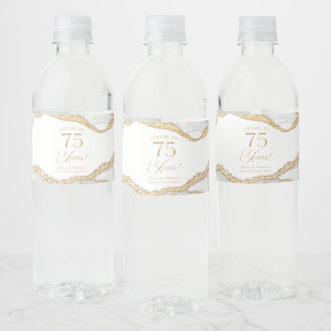 White Gold Agate 75th Wedding Anniversary Party Water Bottle Label (Bottles)