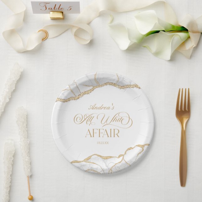 White Gold Agate All White Affair Birthday Party Paper Plate (Wedding)