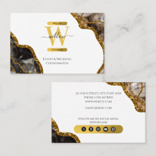 White & Gold Agate Geode Glitter Monogram Marble Business Card