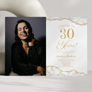 White Gold Agate Picture 30th Birthday Party Invitation