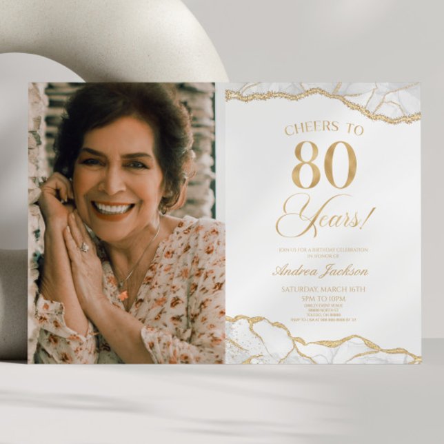 White Gold Agate Picture 80th Birthday Party Invitation (Creator Uploaded)