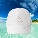 White gold anchor yacht boat name captain trucker hat<br><div class="desc">A white background.  Decorted with a faux gold vintage anchor. Personalise and add the boat name,  title/text.</div>