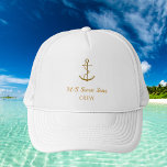 White gold anchor yacht boat name crew trucker hat<br><div class="desc">A white background.  Decorted with a faux gold vintage anchor. Personalise and add the boat name,  title/text.</div>