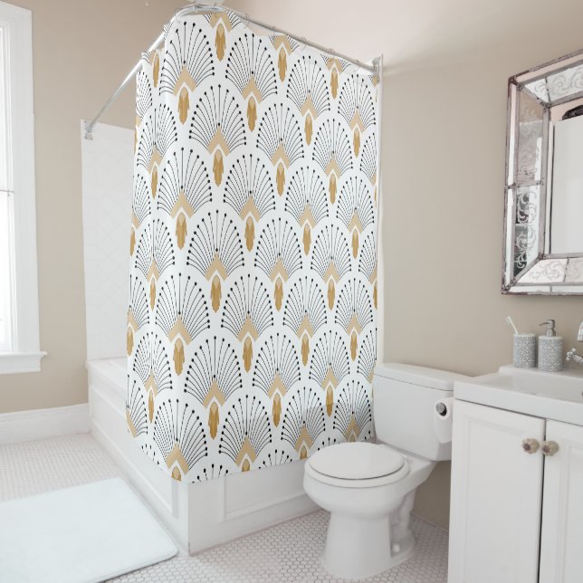 White, Gold and Black Art Deco Fan Flower Motif Shower Curtain (In Situ)
