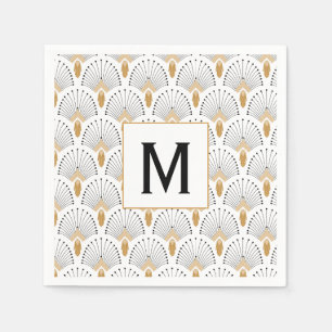 White, Gold and Black Art Deco Fan Flowers Motif Napkin