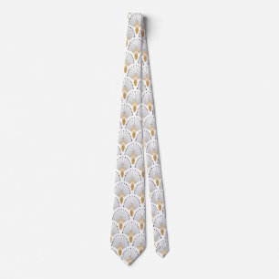 White, Gold and Black Art Deco Fan Flowers Motif Tie