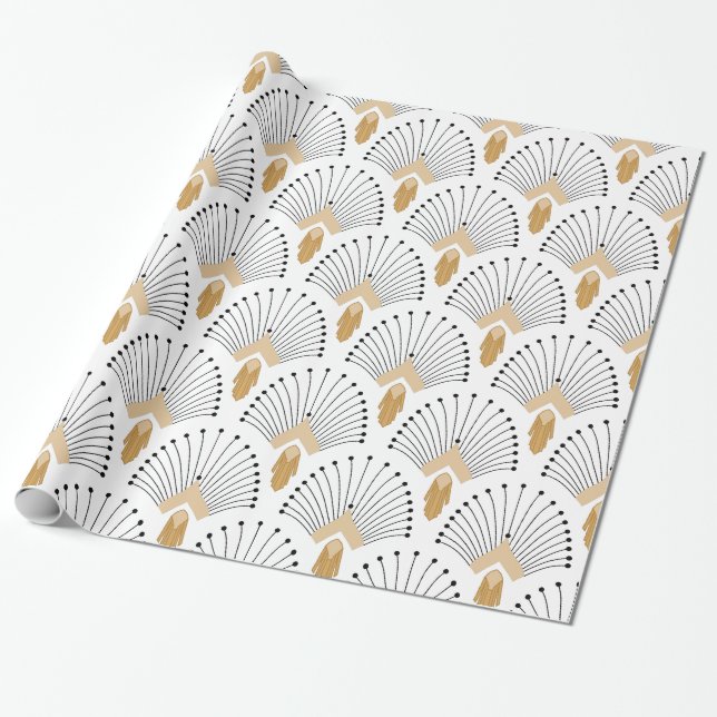 White, Gold and Black Art Deco Fan Flowers Motif Wrapping Paper (Unrolled)
