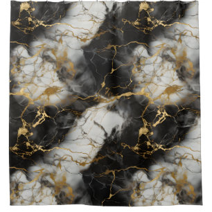 White, Gold and Black Luxury Marble Elegant Shower Curtain
