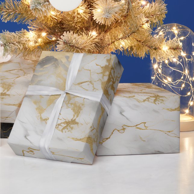 White, Gold and Black Luxury Marble Elegant Wrapping Paper (Holidays)