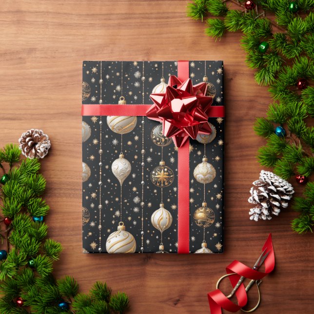 white gold and black ornaments  snowflakes   wrapping paper (Holiday Gift)
