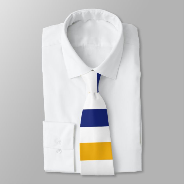 White Gold and Blue Rugby Stripe Tie (Tied)