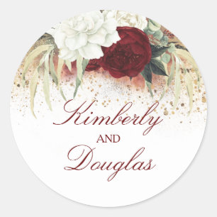 White Gold and Burgundy Red Floral Wedding Classic Round Sticker