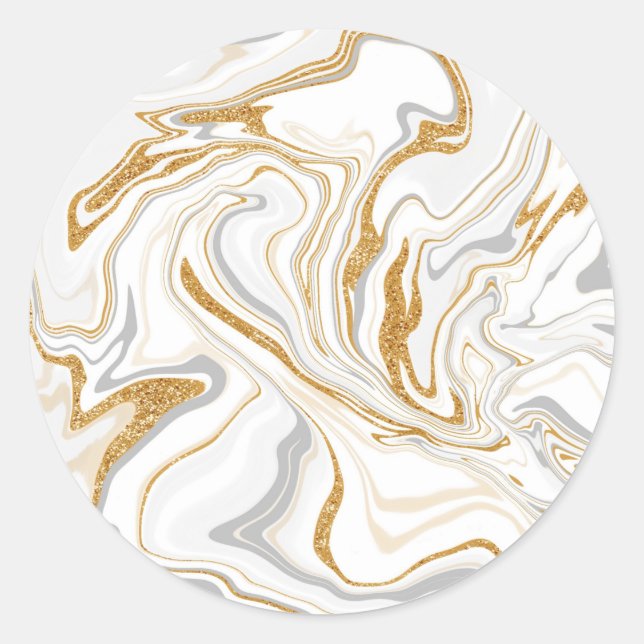 White, Gold and Grey Marble Like Swirls Fluid Art  Classic Round Sticker (Front)