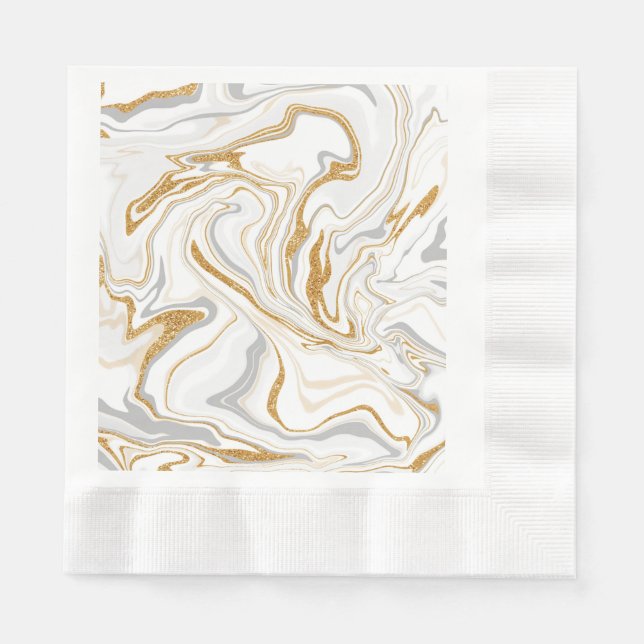 White, Gold and Grey Marble Like Swirls Fluid Art  Napkin (Front)