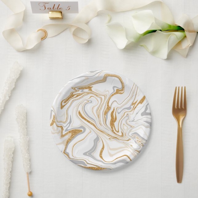 White, Gold and Grey Marble Like Swirls Fluid Art Paper Plate (Wedding)