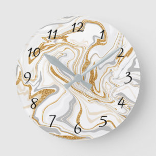 White, Gold and Grey Marble Like Swirls Fluid Art  Round Clock