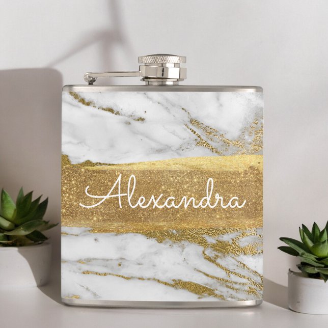 White Gold and Marble with Gold Foil and Glitter Hip Flask (Creator Uploaded)