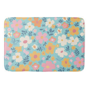 White, Gold and Pink Floral Pattern On Aqua Bath Mat