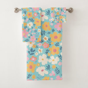 White, Gold and Pink Floral Pattern On Aqua Bath Towel Set
