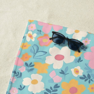 White, Gold and Pink Floral Pattern On Aqua Beach Towel