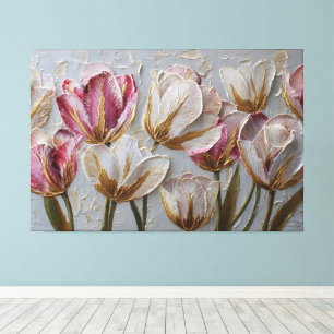 White, Gold, and Pink Tulips with Green Stems Canvas Print