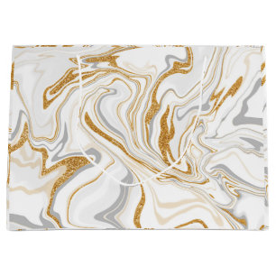 White, Gold and Silver Marble Swirls Fluid Art Large Gift Bag