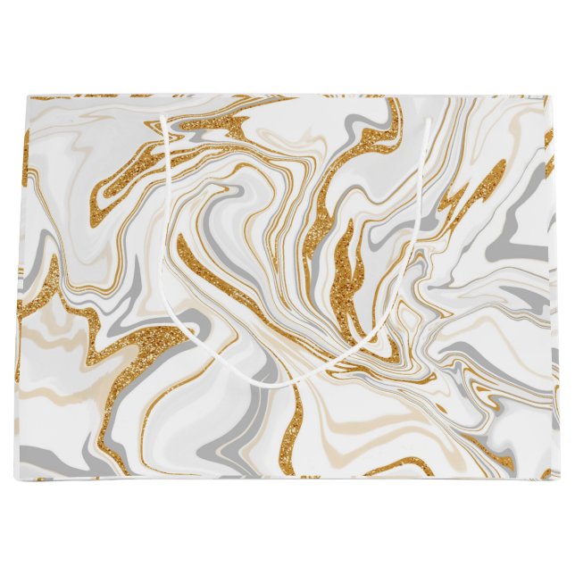 White, Gold and Silver Marble Swirls Fluid Art  Large Gift Bag (Front)