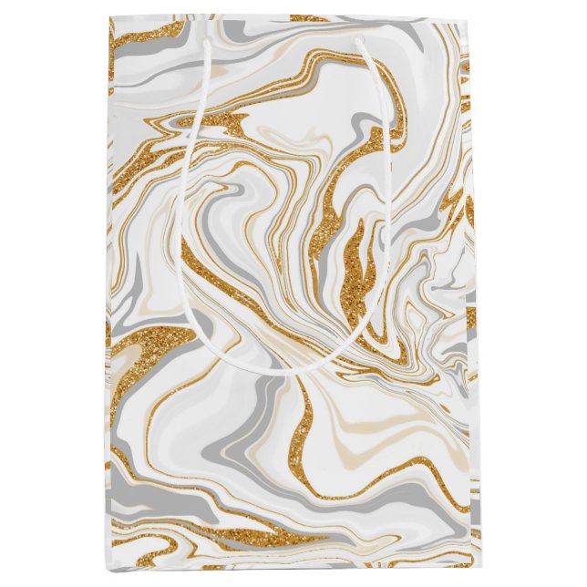 White, Gold and Silver Marble Swirls Fluid Art Medium Gift Bag (Front)