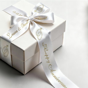 White Gold Anniversary Personalised Name Date Satin Ribbon