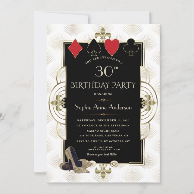 White Gold Art Deco Casino Poker Vegas  Birthday Invitation (Front)