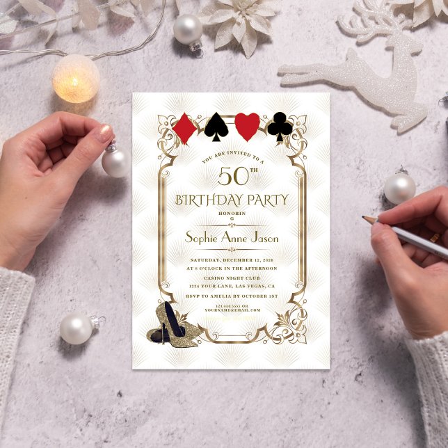 White Gold Art Deco Casino Vegas Poker Birthday Invitation (Creator Uploaded)