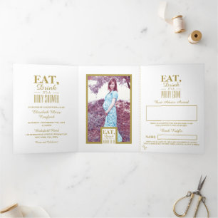 White & Gold Art Deco, Eat Drink Baby Shower Suite Tri-Fold Invitation